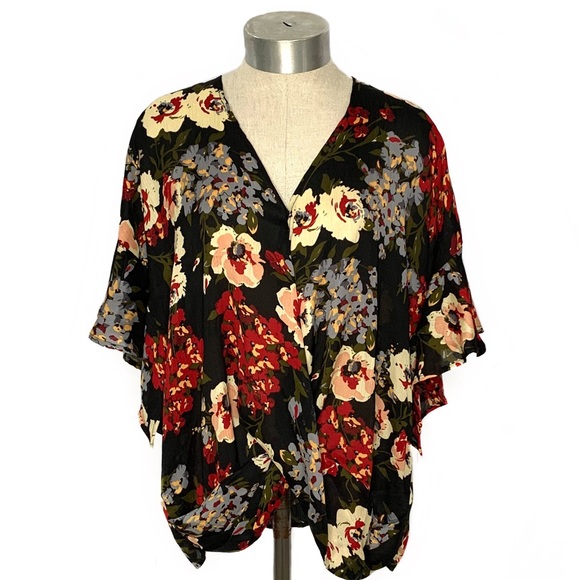 Umgee Ruffled Bow Print Notched Blouse